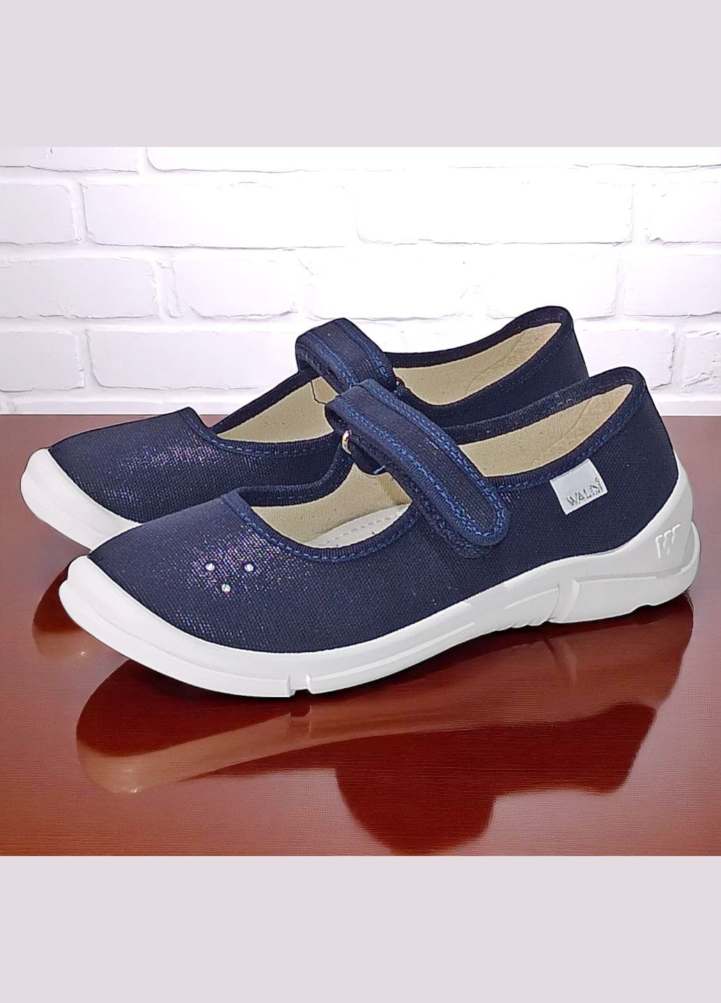 Синие ортопедические закрытые тапочки для девочки сменка в школу сменная обувь валди Waldi со стразами, с камнями