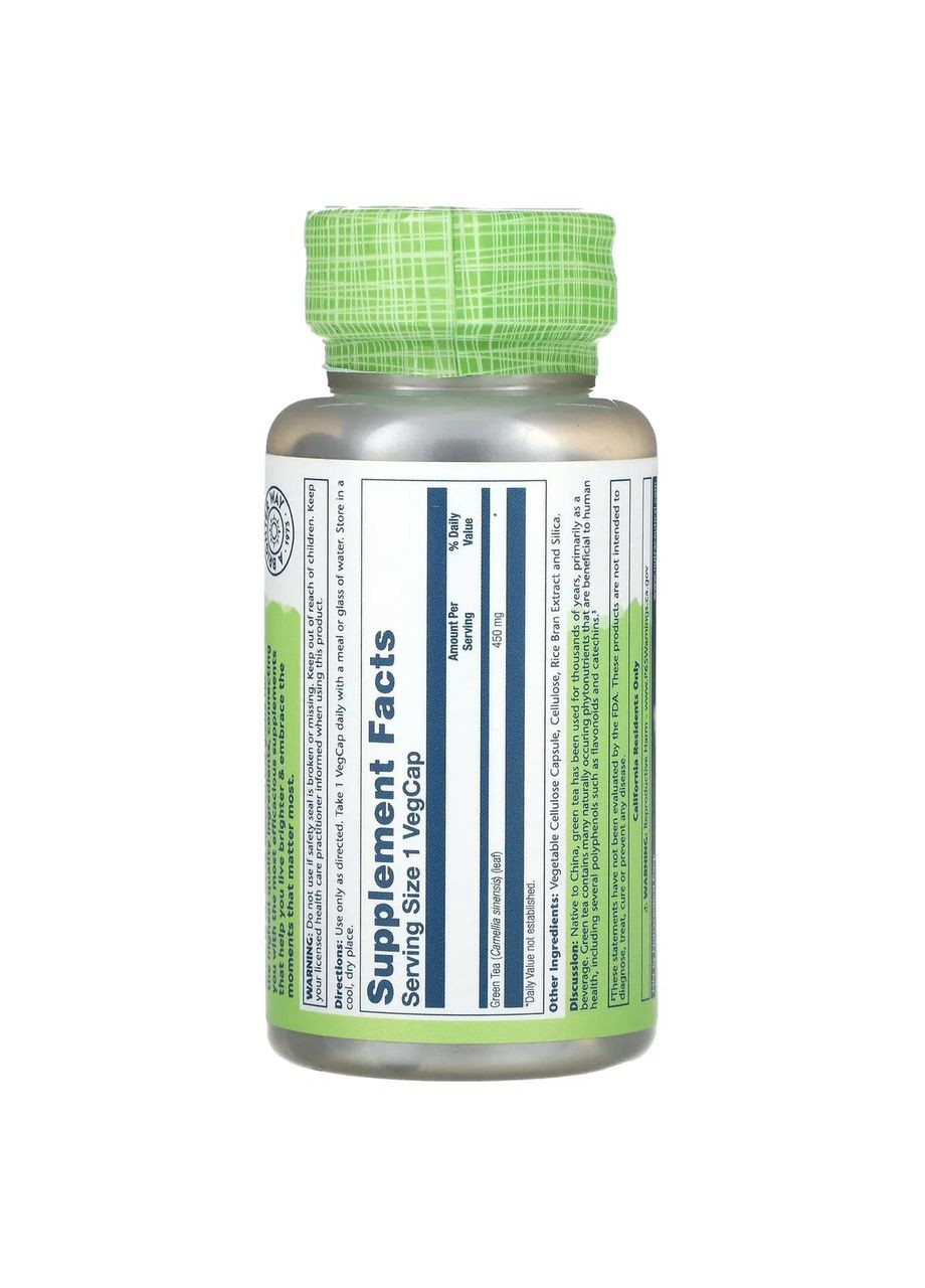 Экстракт листьев зеленого чая Green Tea Leaf 450 мг, 100 капсул Solaray (365754609)