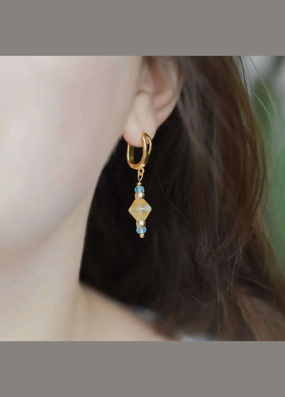 Сережки натуральний Цитрин біконус і Топаз блакитний рондель, фур-ра гіп-ний сплав колір золото d-8х4мм+- L-35мм No Brand Підвіски (334350419)