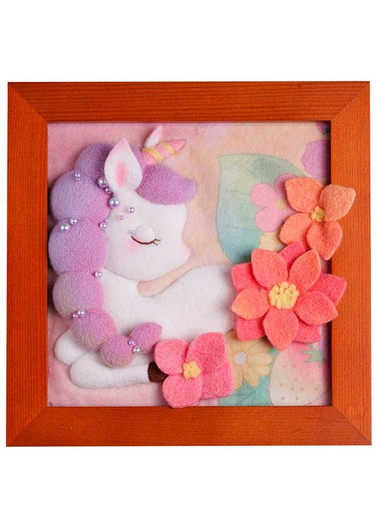 Набір для творчості валяння, картина, рамка 18×18 см (дерево), єдиноріг у квітах, нитки (YG0252) No Brand (361400811)