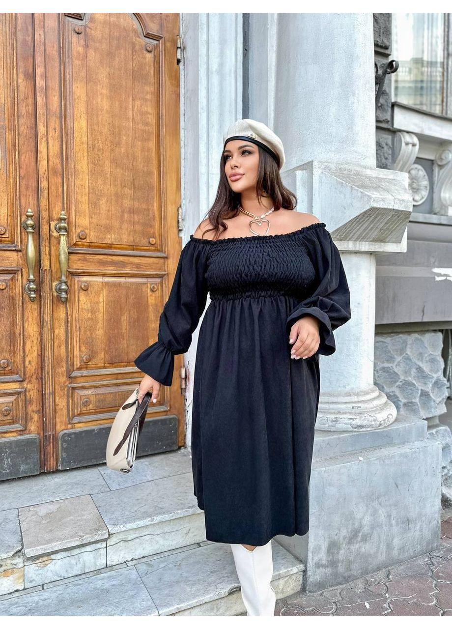 Чорна святковий, повсякденний, кежуал сукня міді вельвет бебі долл, з відкритими плечима Україна однотонна