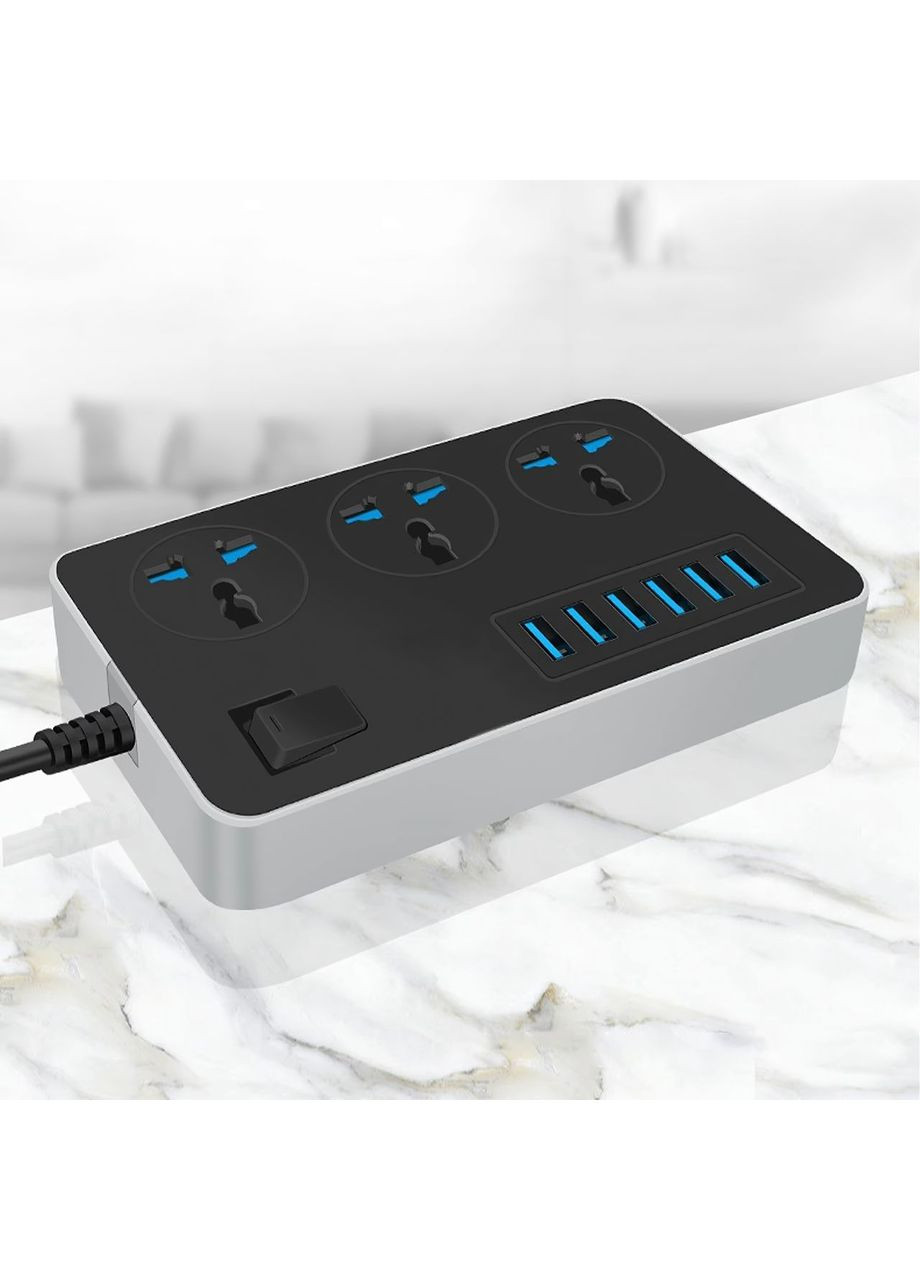Подовжувач-фільтр мережевий багатофункціональний із 6 USB-портами та 3 розетками універсальними 220 В ABS (361161930)