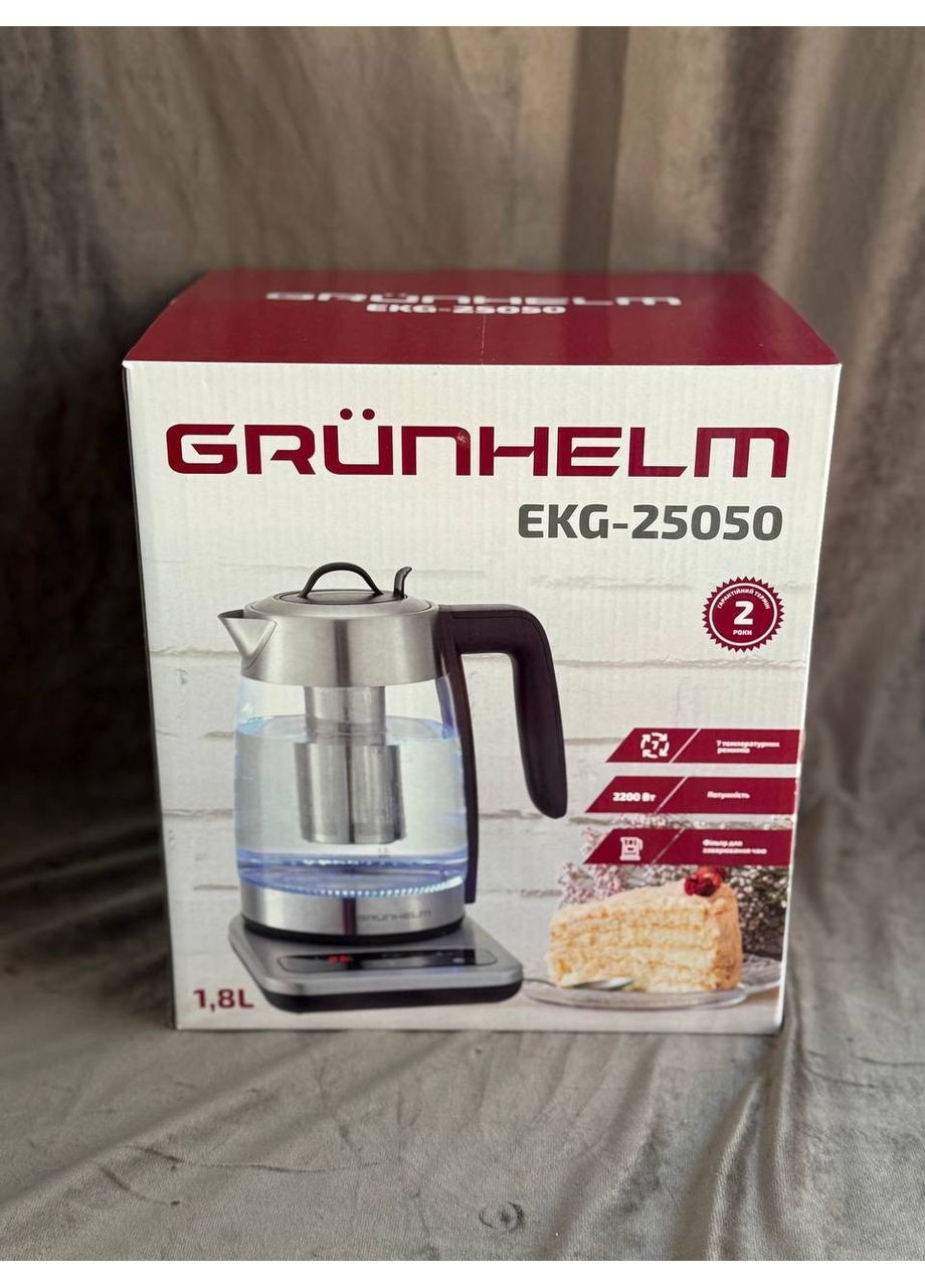Дисковий скляний електрочайник EKG-25050 1,8л LED підсвічування 2200Вт Фільтр Регулювання температури Grunhelm (357208025)