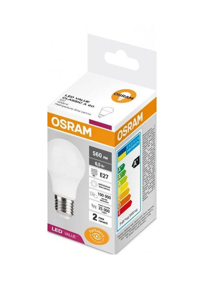 Лампа 4058075623071 Led Value CL E27 6,5W/840 4000K 720Lm A60 230V FR (004886) Osram (370252820)