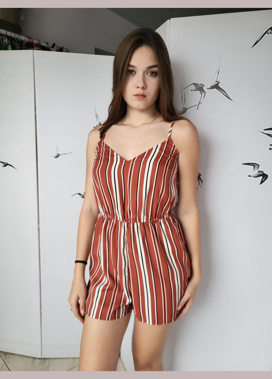 Комбинезон женский на бретельках в тонкую полоску Без бренду Коричневый с белым 13882 S (42) No Brand полоска комбинированный повседневный вискоза