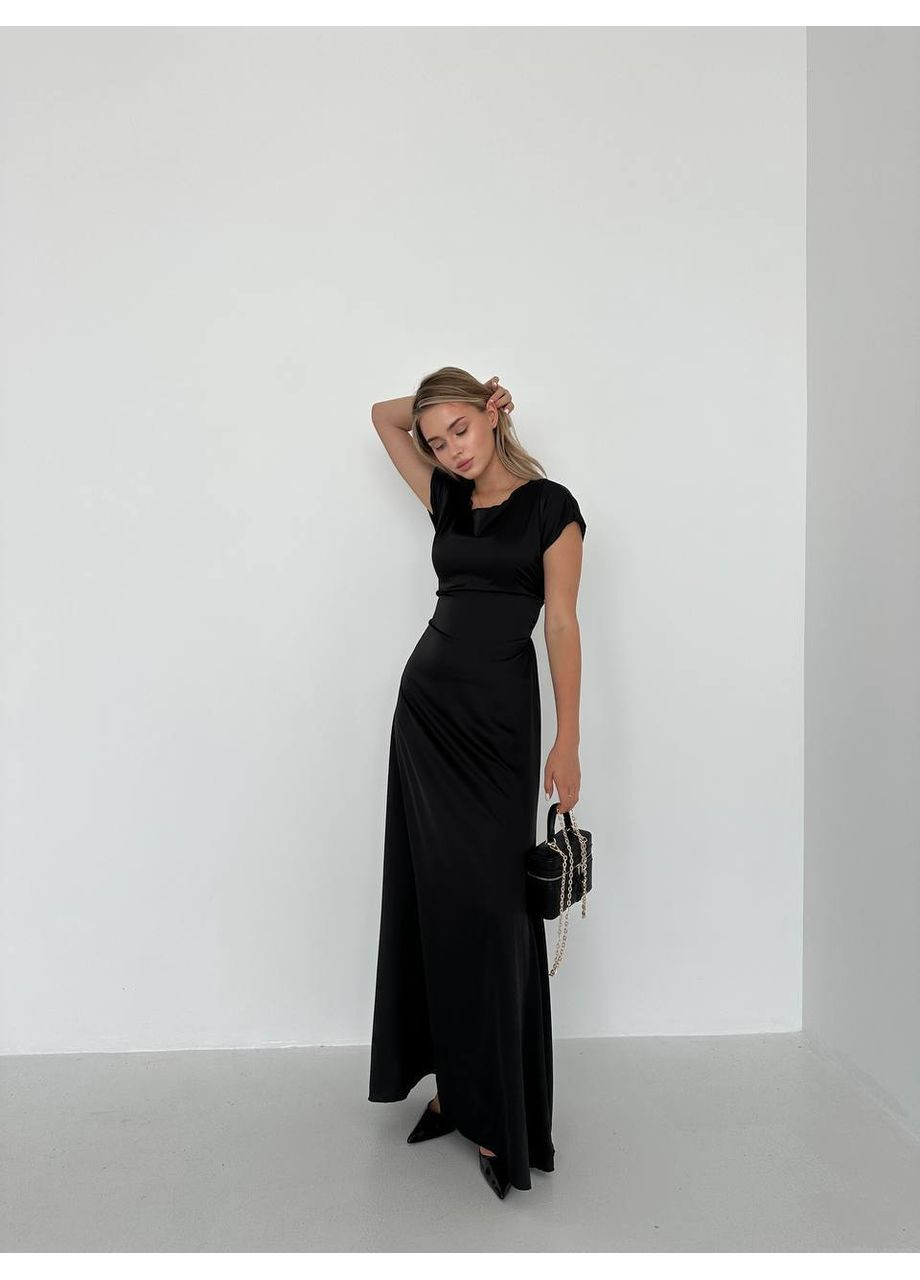 Чорна вечірня сукня з шовку із зав’язками на спині – ніжність та розкіш 🌸 (заміри в описі) DK/DL Мода без кордонів однотонна
