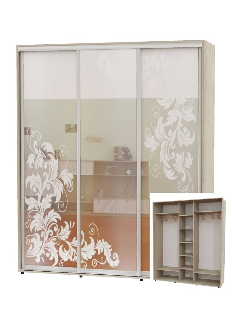 Шкаф-купе трехдверный 210*60*250 Дуб Шамони светлый Зеркало с пескоструйным рисунком ШК-04 Алекса (360477886)