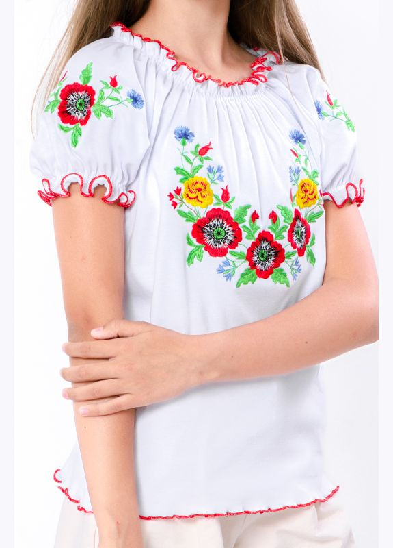 Белая вышиванка для девочки с коротким рукавом (p-11555) Носи своє узор цветочный (302653660)