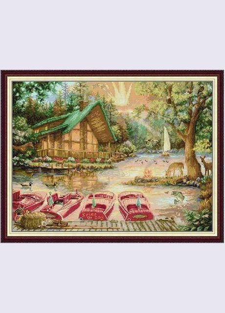 Набір для вишивання за нанесеною на канву схемою "River House and Boat". AIDA 14CT printed 56*44 см Joy Sunday (313613142)