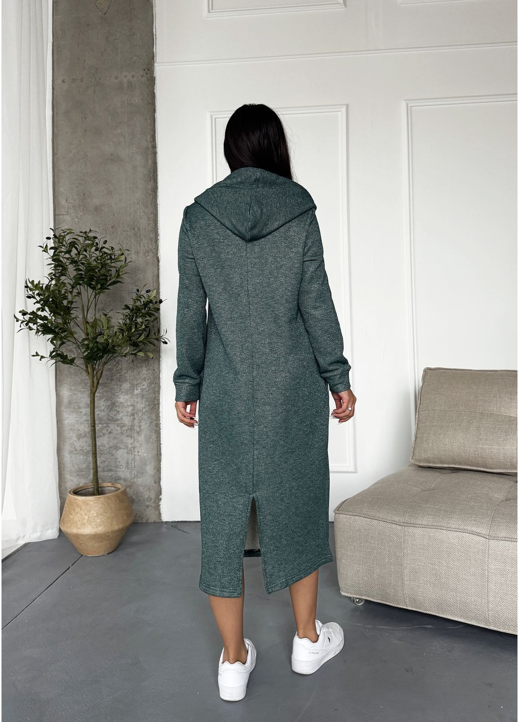 Зелена спортивна, повсякденний, джинсова, кежуал плаття-худі міді з турецької тринитки з люрексом і начосом сукня-худі INNOE меланжева