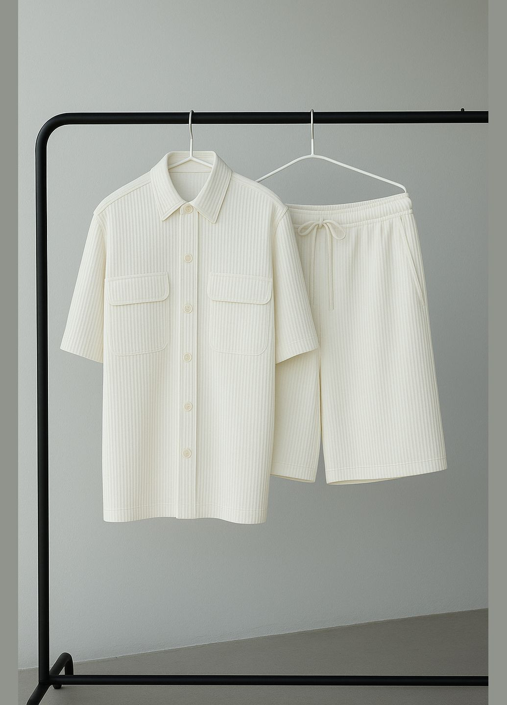 Білий літній комплект чоловічий рубчик оверсайз (шорти+сорочка) з сорочкою, з шортами No Brand комплект