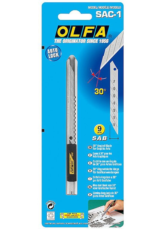 Нож SAC-1 из нержавеющей стали лезвие 9 мм на 7 сегментов с углом 30° для графических работ механизм автоматическо (16140) Olfa (317755405)