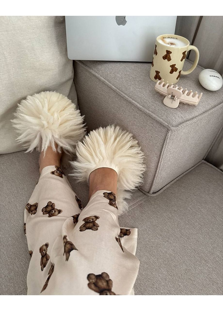 Молочная всесезон женская пижама с мишками рубашка + брюки No Brand