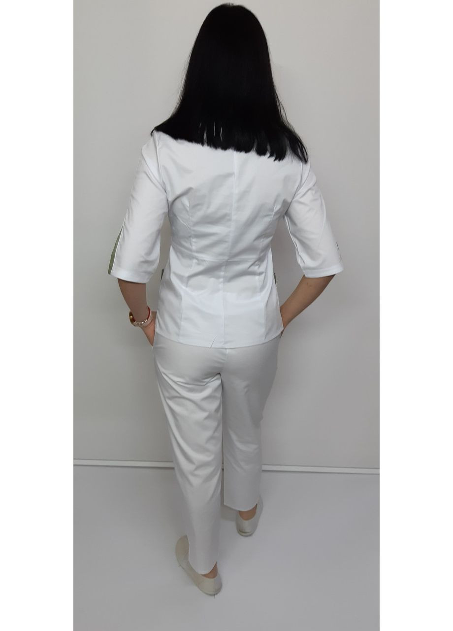 Костюм жіночий медичний Оскар стрейч-котон штани укорочені три чверті рукав 64, Білий з оливковою обробкою No Brand (362161576)