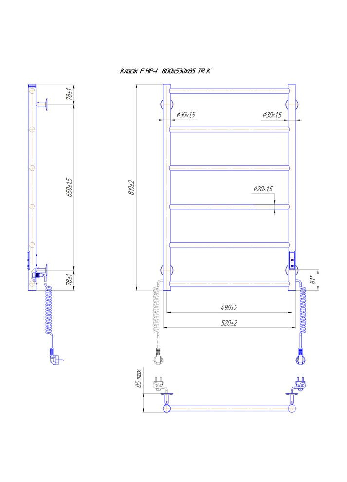 Полотенцесушитель Классик F НР-I 800х530/75 TR K глянец (2.3.0703.10.WG) Mario (323117104)