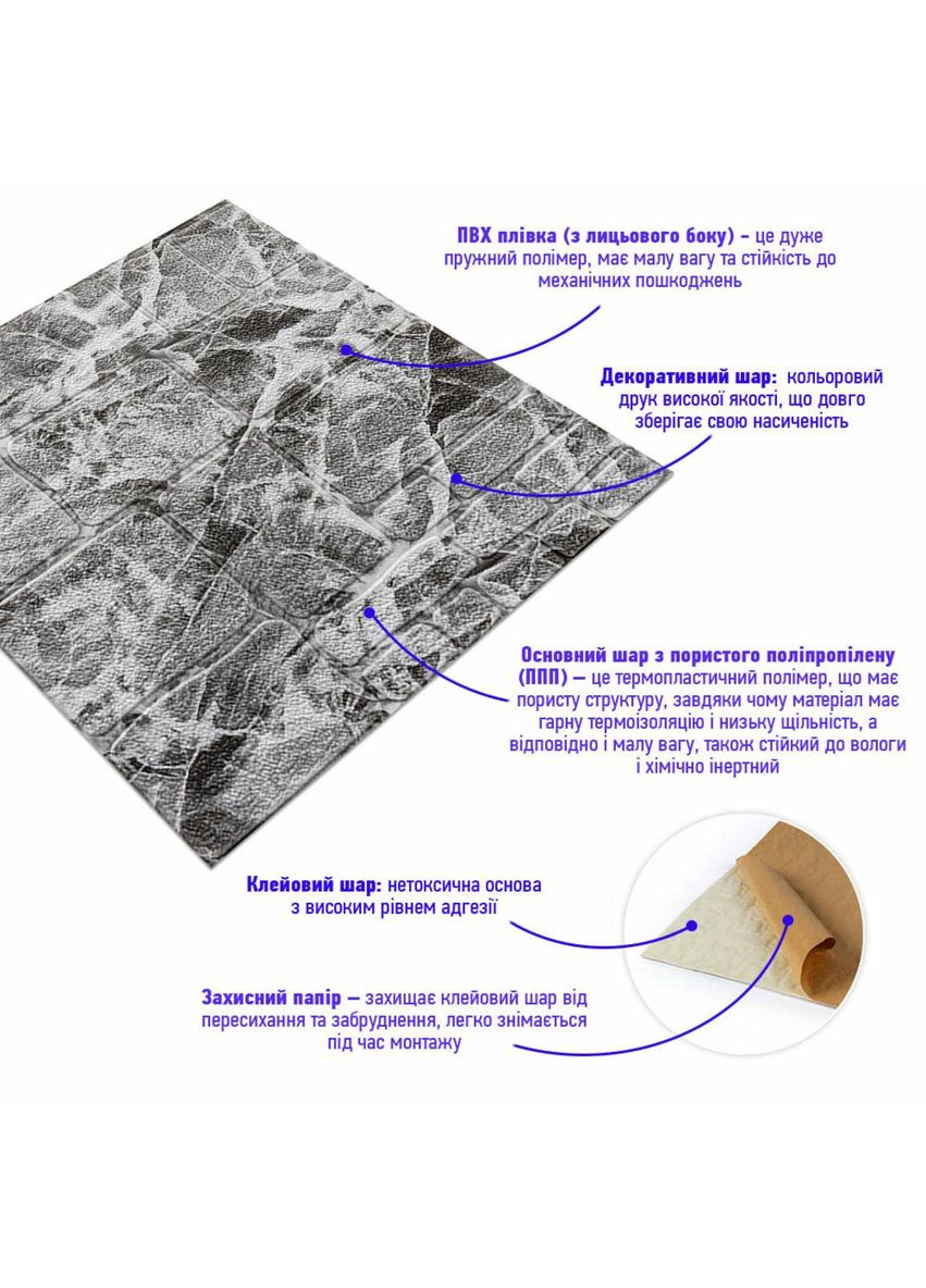 Самоклеюча декоративна 3D панель Камінь чорно-білий мармур 700х700х7мм love-shopping Sticker Wall (354657394)