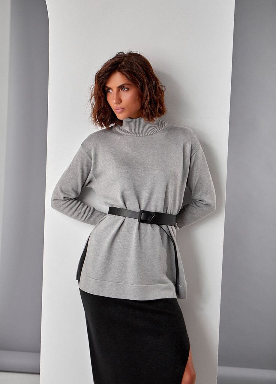 Сірий демісезонний джемпер жіночий бавовна довгий прямий крій розрізи комір стійка 48/52 No Brand