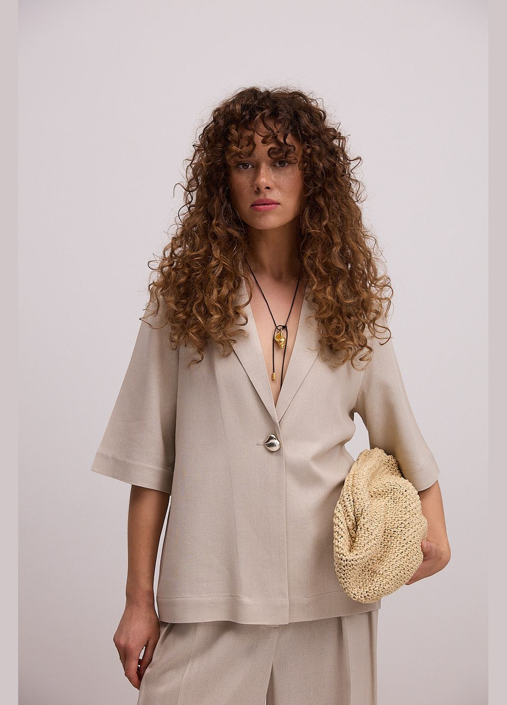 Літній лляний жакет з короткими рукавами шоколадний Arjen (340917496)