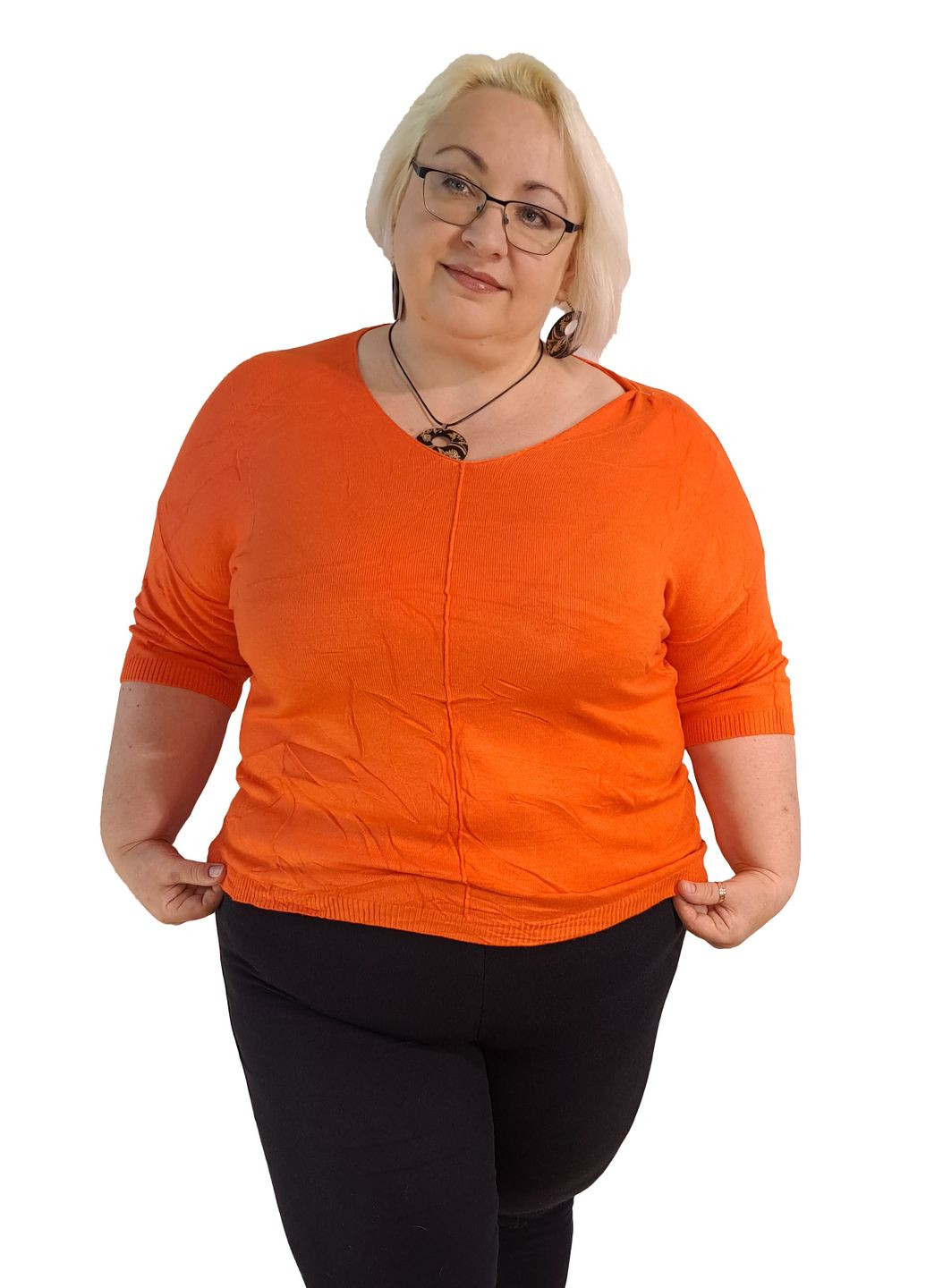 Пуловер-американка жіночий однотонний з рукавом 3/4, розмір батал у помаранчевому кольорі No Brand (360894809)