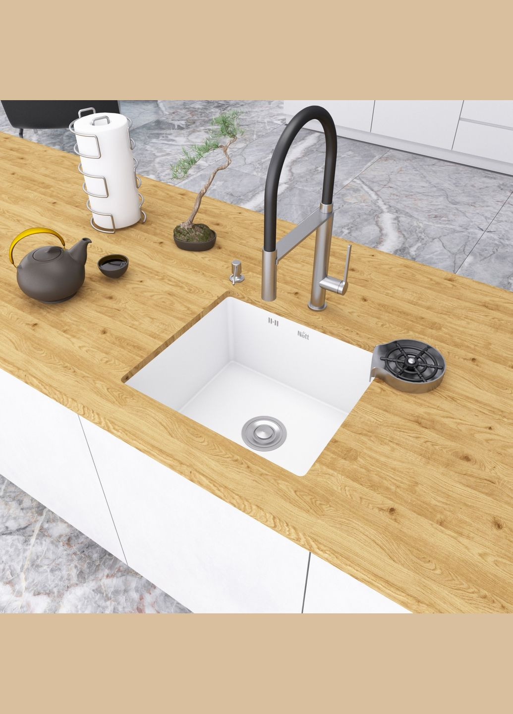 Белая кухонная мойка под столешницу 1.5 мм из нержавеющей стали Nett NW-5045 (330030407)