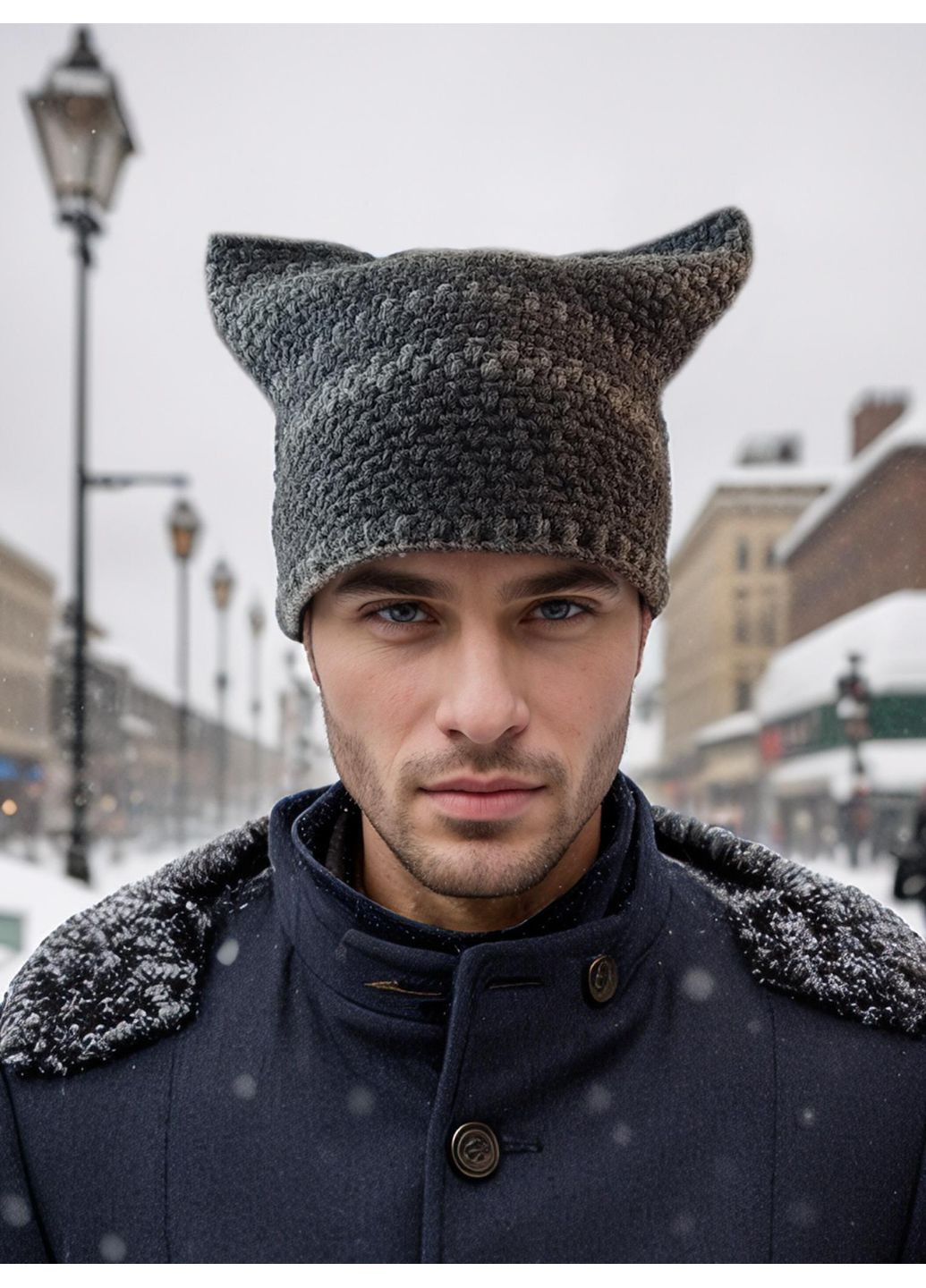В'язана шапка - кішка, шапка з вушками на кожен день для чоловіків, жінок та підлітків - сірий мікс від PRIGRIZ (369165135)