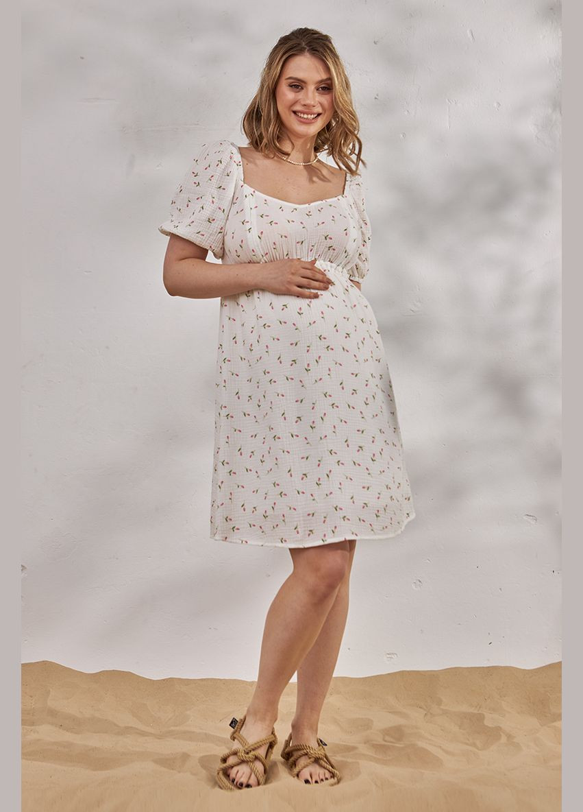 Молочна муслінова сукня для вагітних та годуючих з квітковим принтом молочна Юла мама з квітковим принтом