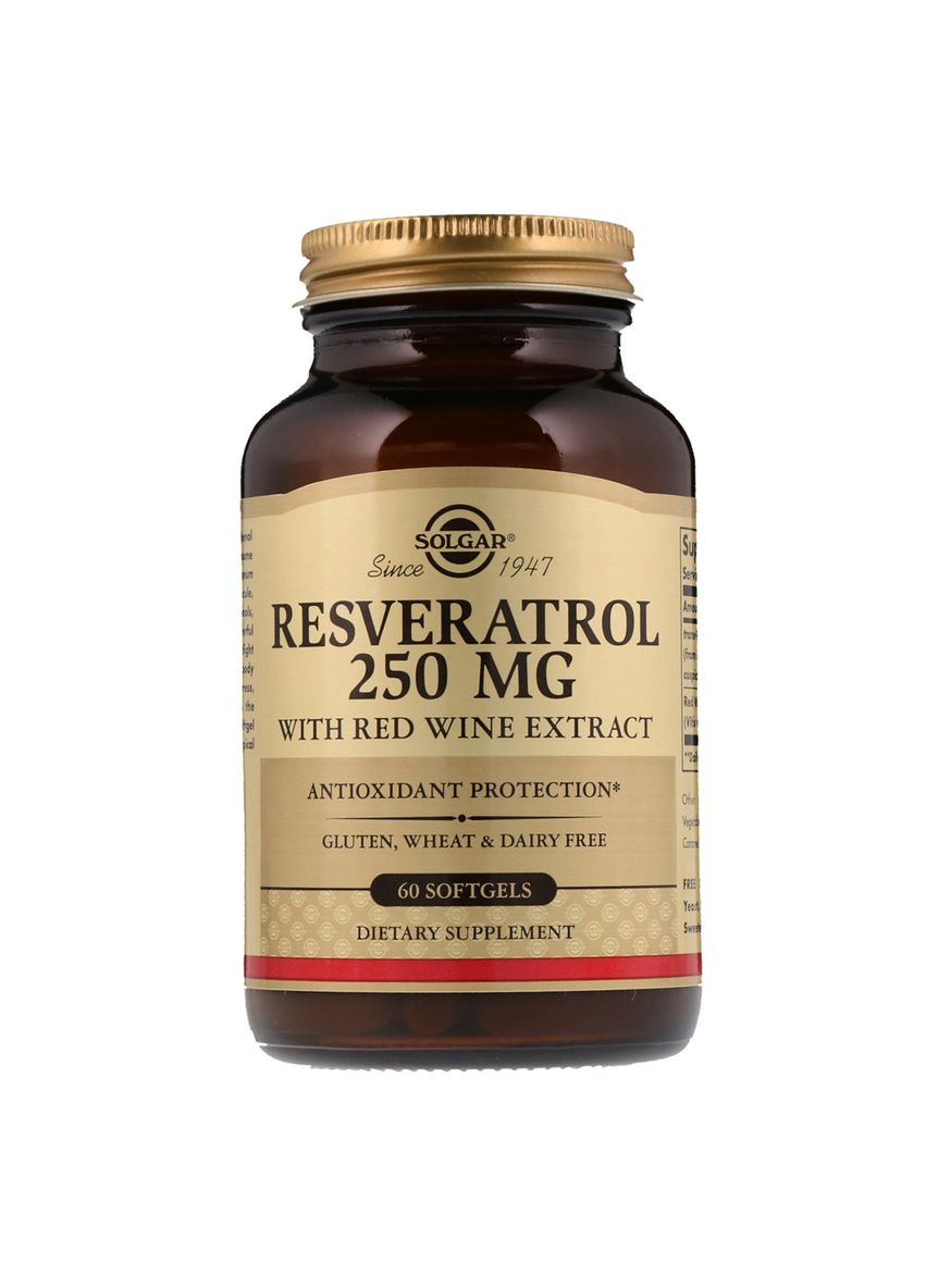 Ресвератрол з Екстрактом Червоного Вина, 250мг, Resveratrol with red Wine Extract,, 60 капсул Solgar (326055210)