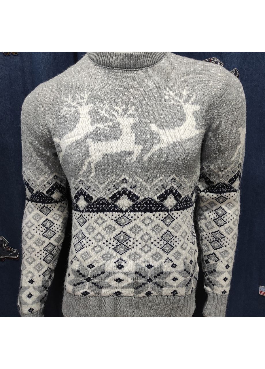 Сірий зимовий светр чоловічий теплий вовна з оленями новорічний No Brand