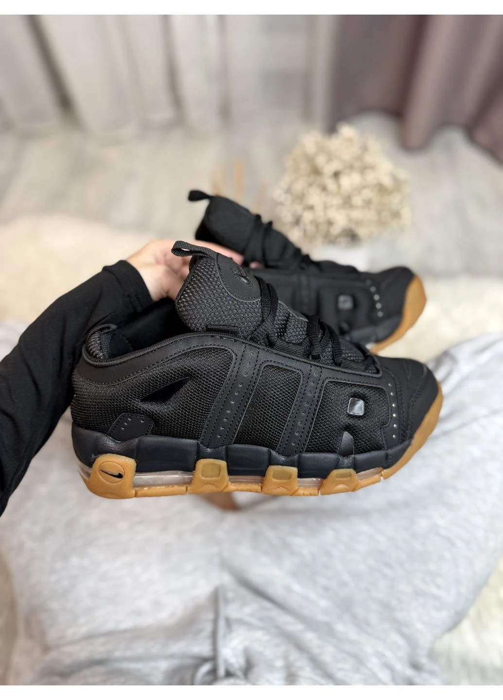 Черные демисезонные кроссовки мужские nike air more uptempo low black gum premium найк аир мор уптемпо черные No Brand