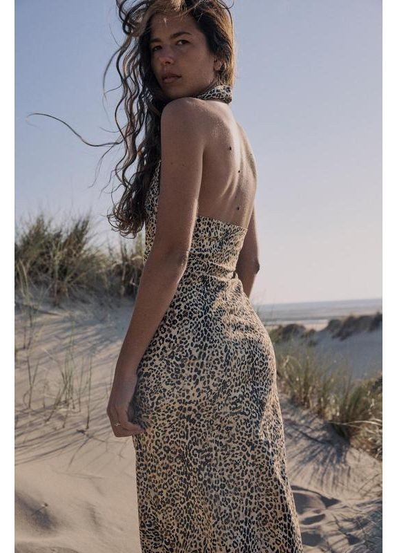 Коричнева сукня-сорочка з суміші льону з анімалістичним принтом. Zara