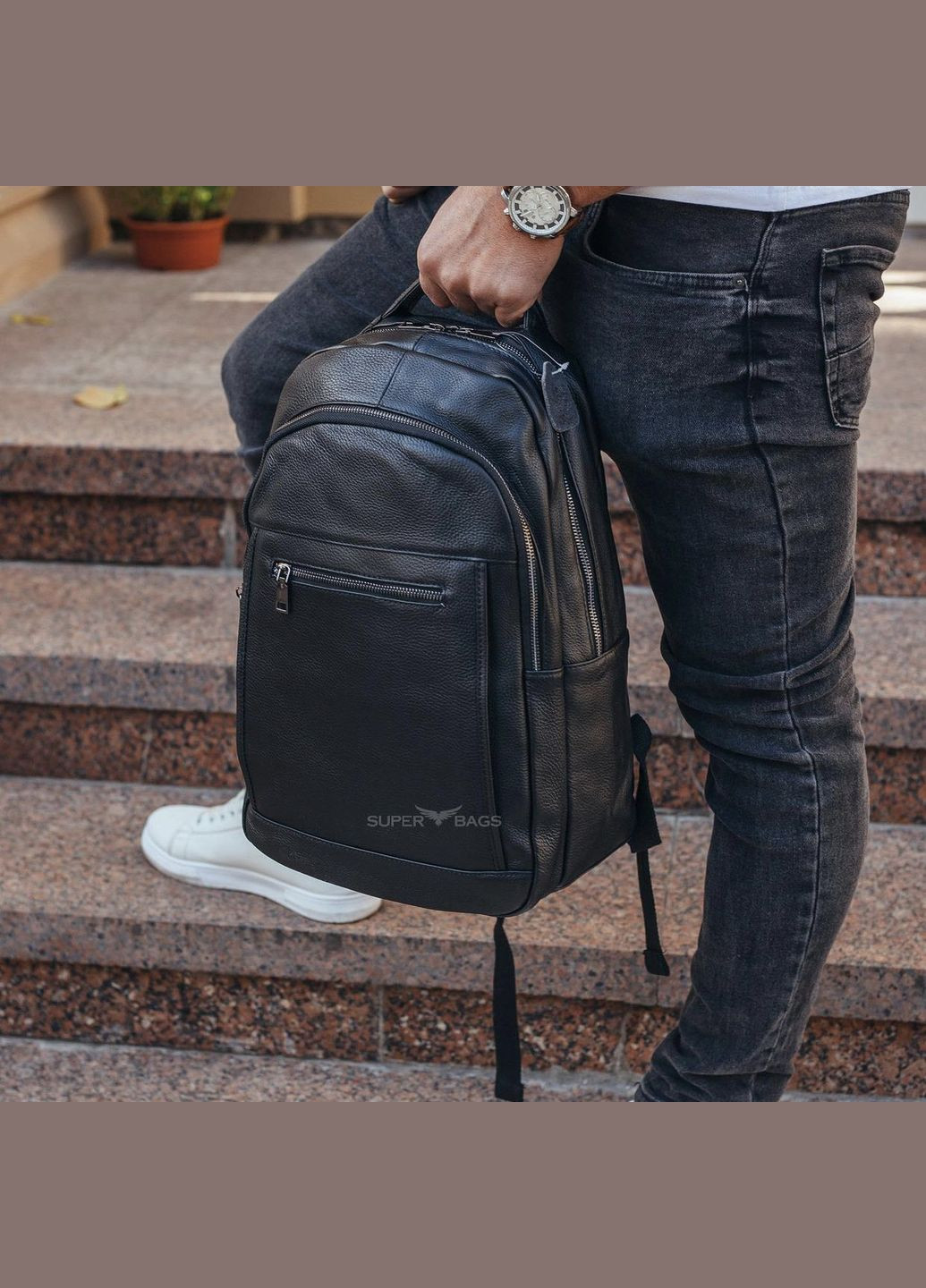 Шкіряний чоловічий рюкзак для ноутбука чорний Sambag (302519316)