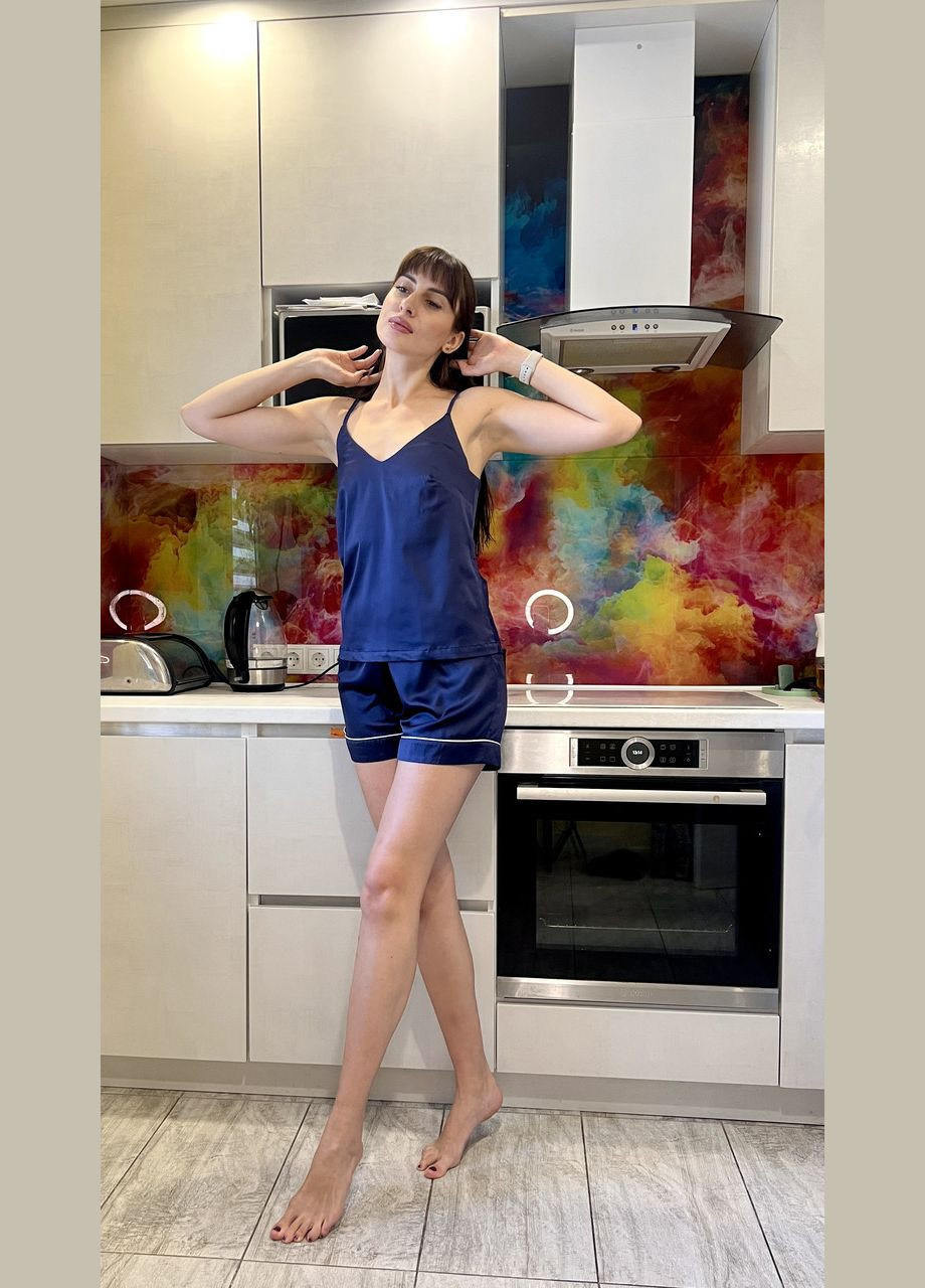 Синя всесезон жіночий шовковий домашній комплект/піжама — майка + шорти 2 Льва