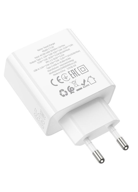 Зарядний пристрій з швидкою зарядкою C113A |USB+Type-C QC3.0/PD65W| Білий Hoco (337350887)