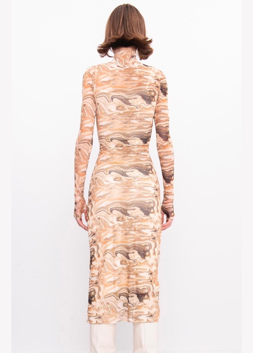 Комбинированное платье сетка коричневое с принтом btg-0087 BSL