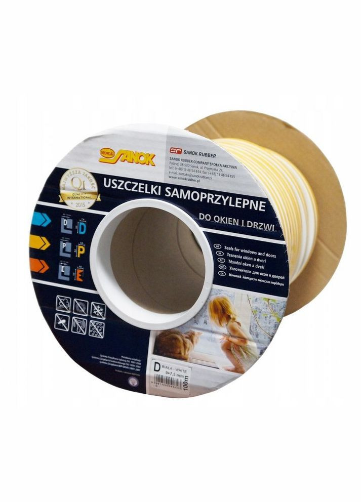 Уплотнитель D-профиль Sanok (7.4x9 мм, 100 м) самоклеющийся белый бухта (20608) Stomil Sanok (306551441)