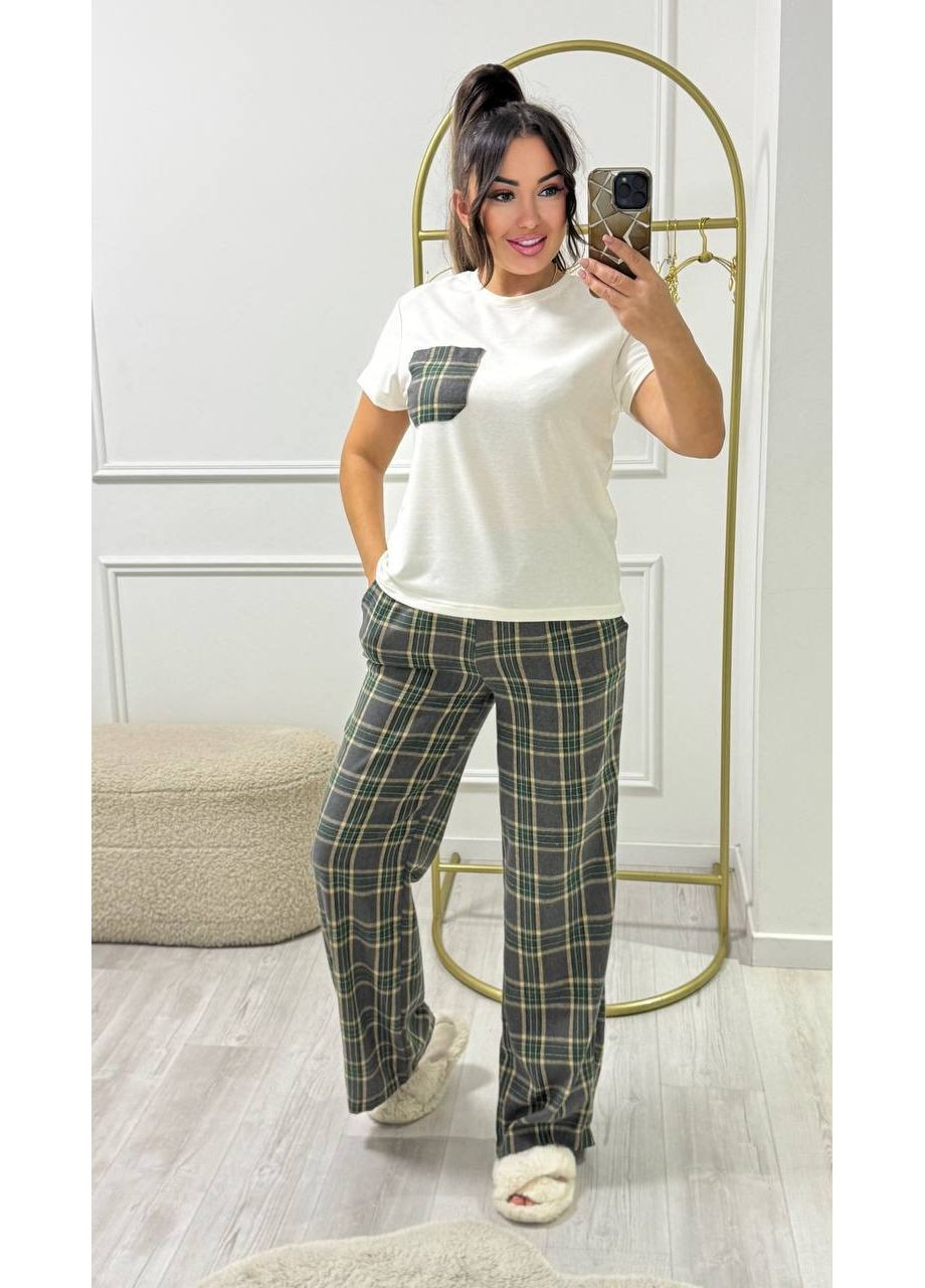 Зелена всесезон домашній комплект піжама із фланелі та віскози — заміри в описі футболка + штани DK/DL Мода без кордонів