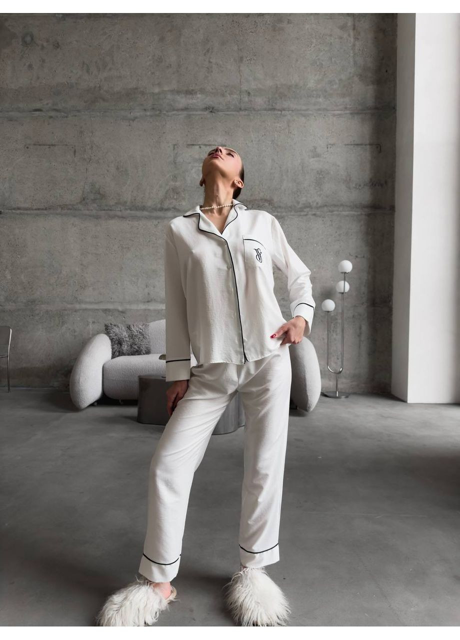 Белая всесезон пижама для сна и дома рубашка + брюки No Brand комплект сорочка та штани на резинці