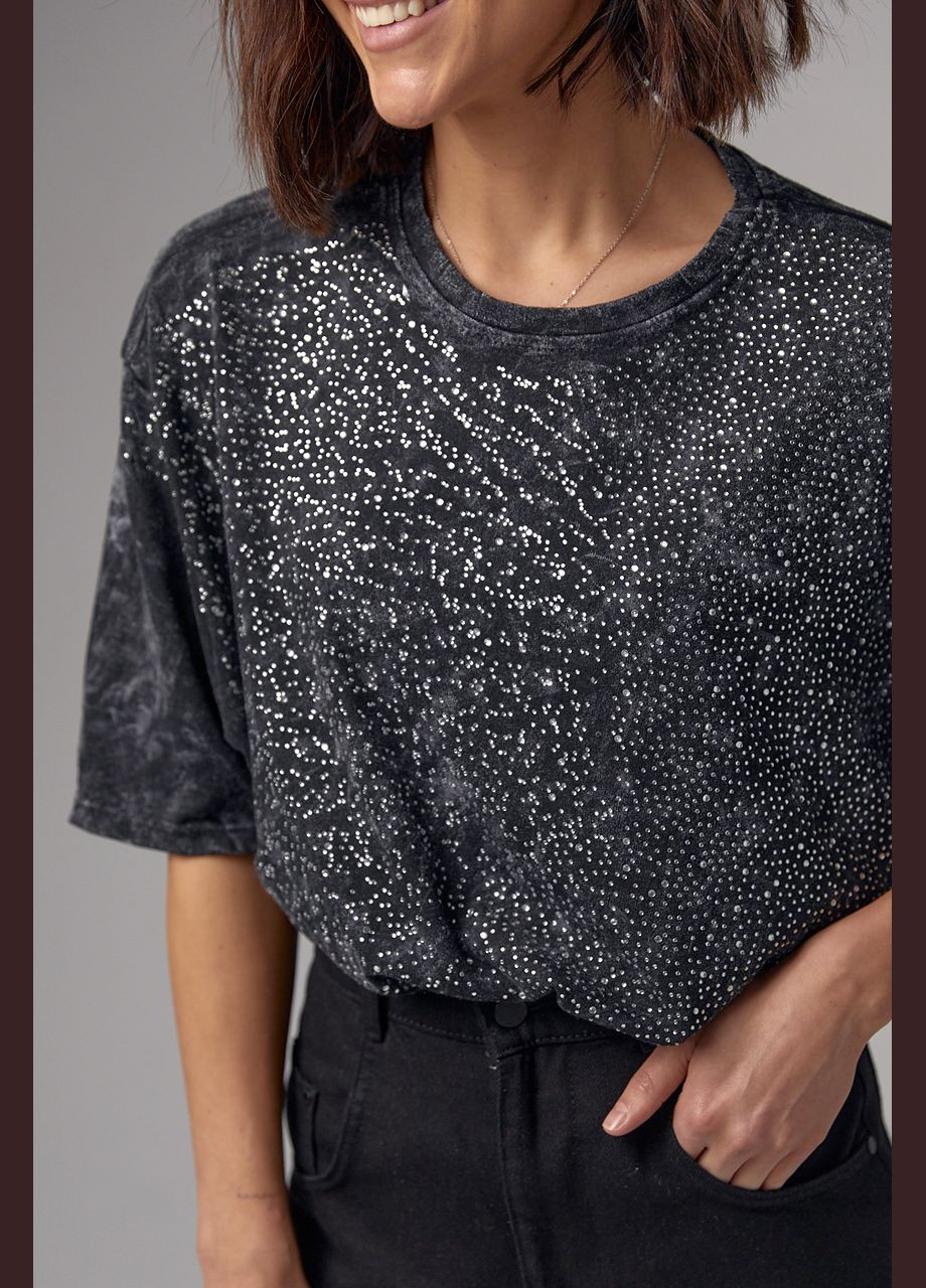 Чорна літня жіноча футболка у техніці тай-дай прикрашена термостразами. 13456 з коротким рукавом Lurex