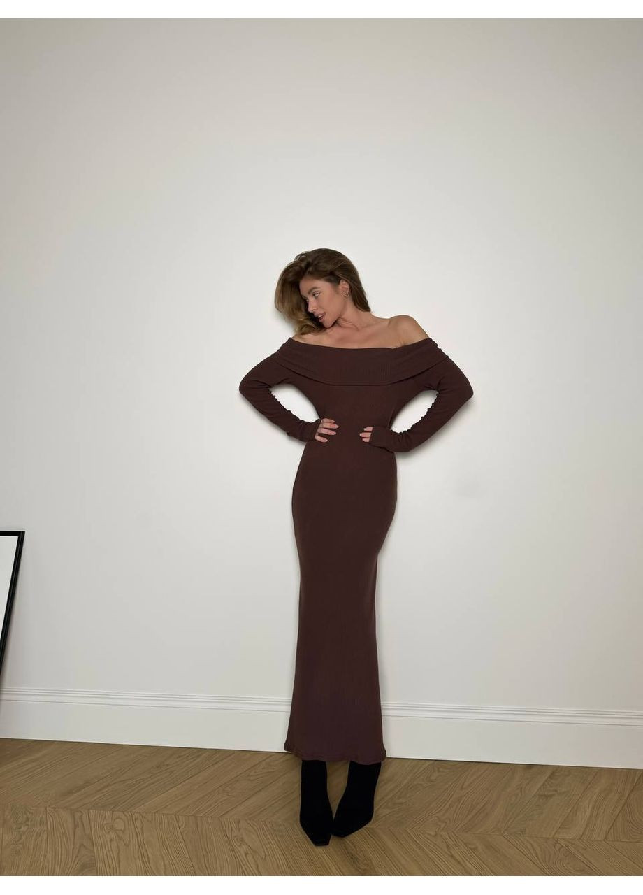 Коричневое коктейльное платье с открытыми плечами с ангори рубчик – женственность и трендовый стиль 💙 (замер в описании) DK/DL Мода без кордонів однотонное