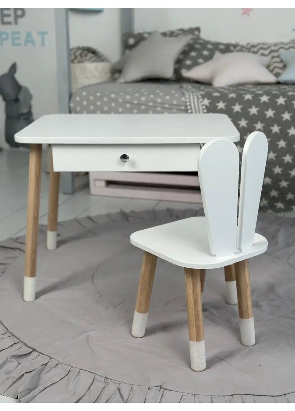 Детский столик со стульчиком Зайчик и ящиком для карандашей и раскрасок (Белый) No Brand (331639897)