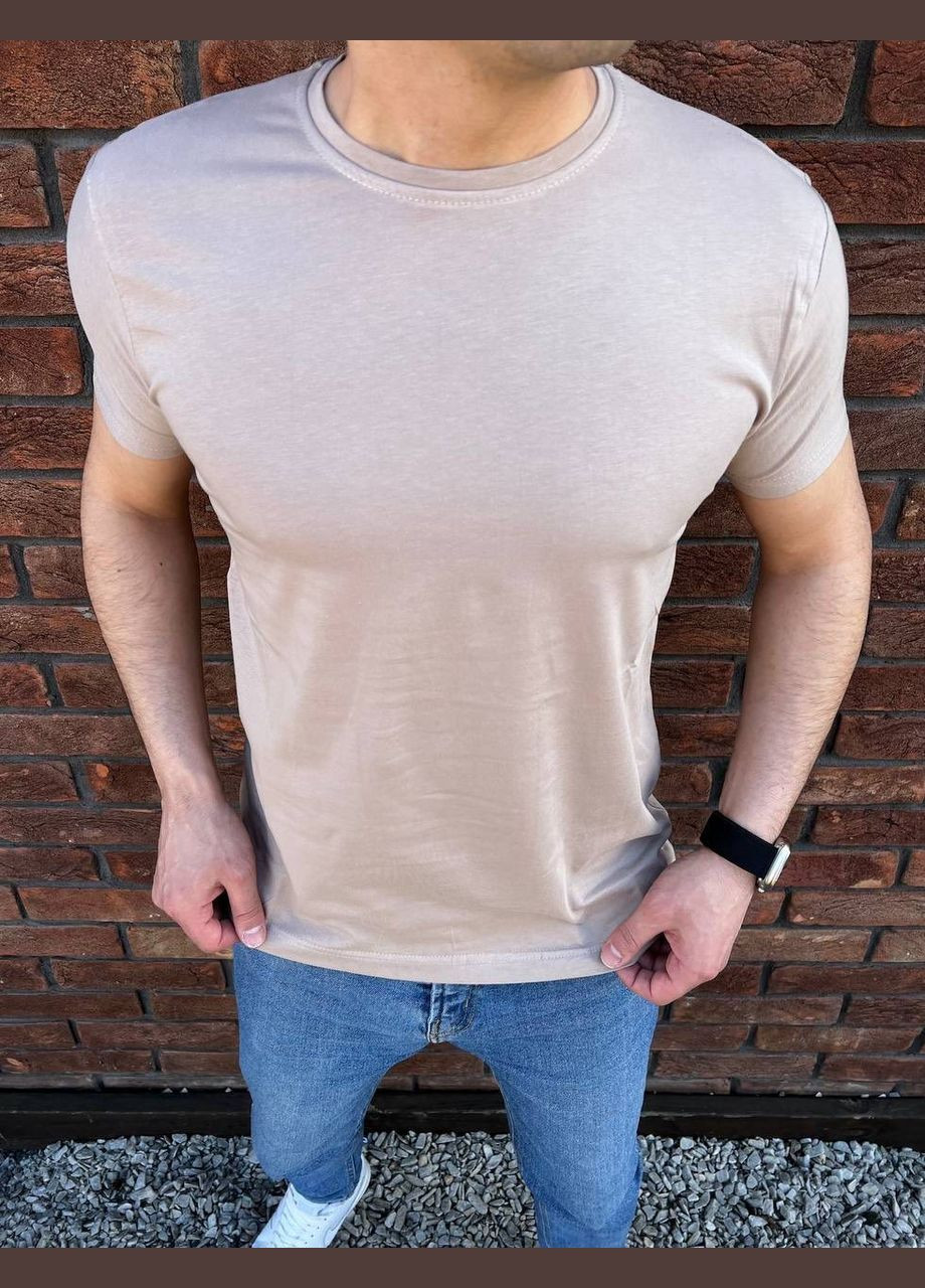 Бежевая базовая мужская футболка с коротким рукавом No Brand