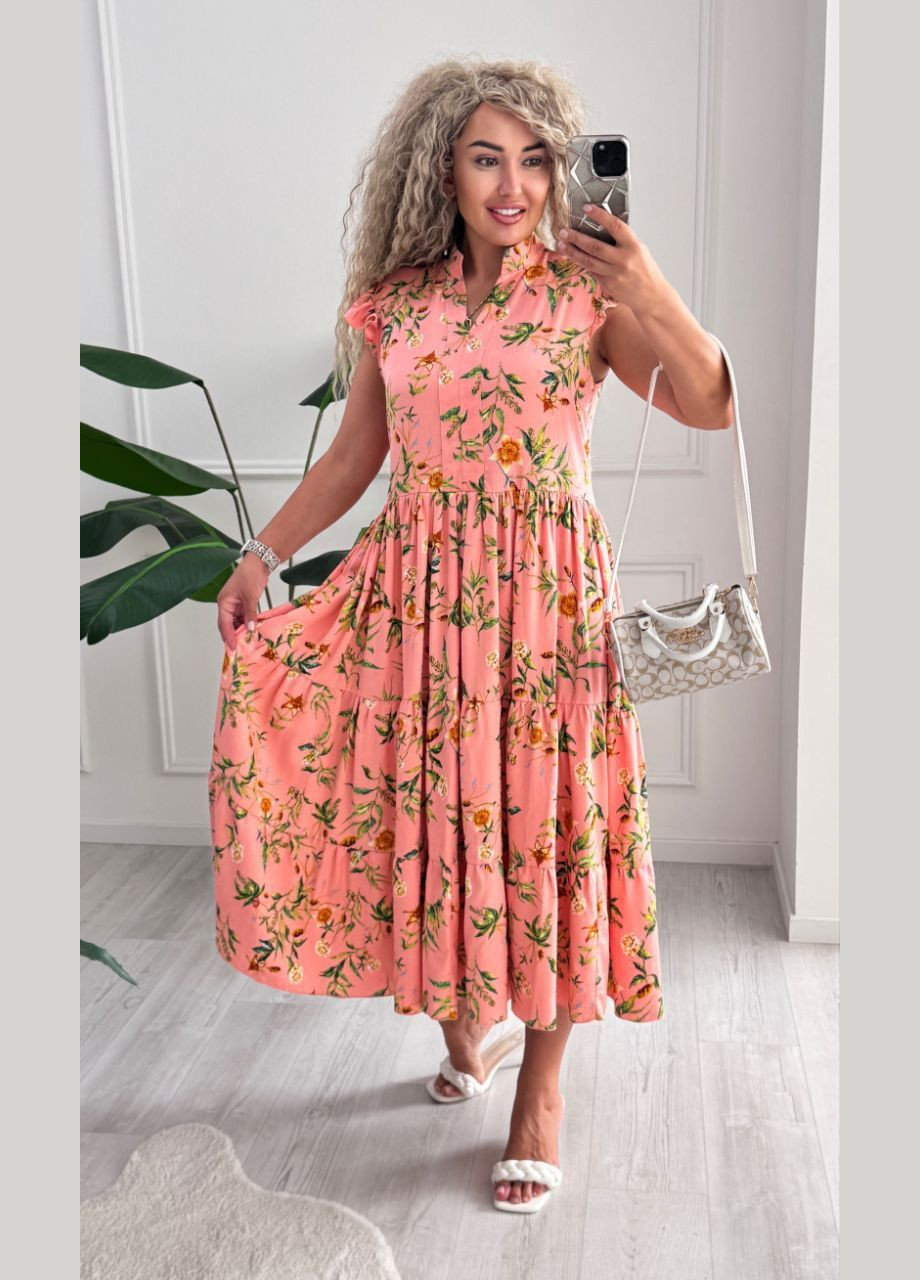 Персиковое повседневный, кэжуал женское платье Україна с цветочным принтом