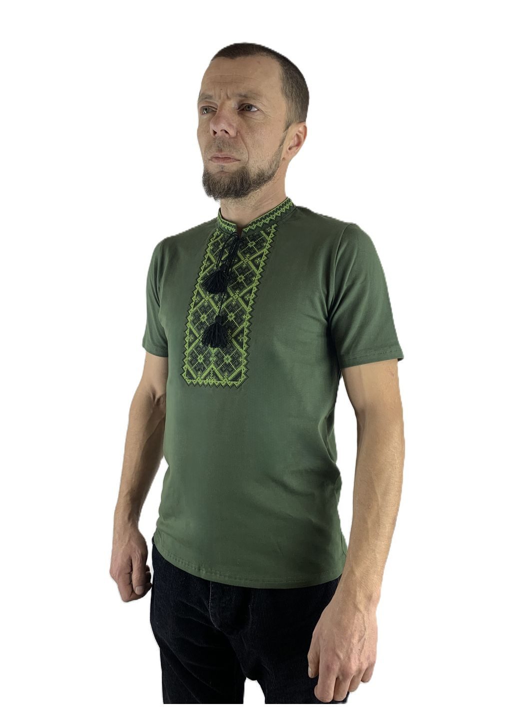 Хакі чоловіча вишита футболка вишиванка в кольорі хакі НоКо візерунок орнамент вільна, пряма бавовна, еластан (314510377)