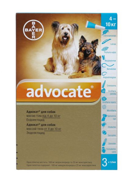 Каплі Advocate для собак 410 кілограмів (від блох, вошей, власників, кліщів), Адвокат 3 піпетки х 1 мл Bayer (278307665)