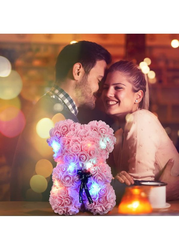 Ведмедик з троянд з підсвічуванням 3D Teddy Flower 25 см Рожевий (2104618745) No Brand (367056629)