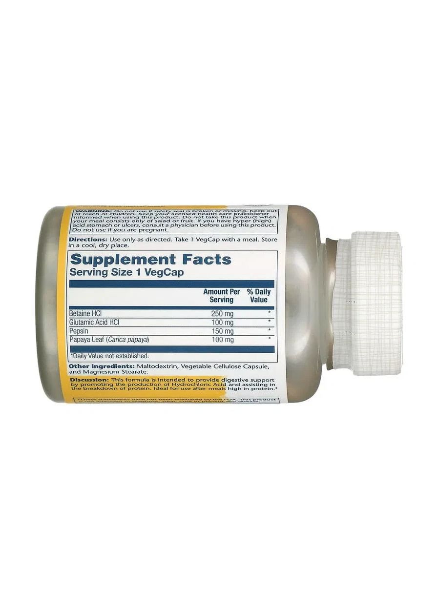 Гидрохлорид с пепсином Betaine HCL with Pepsin 230 мг 180 растительных капсул Solaray (361118182)