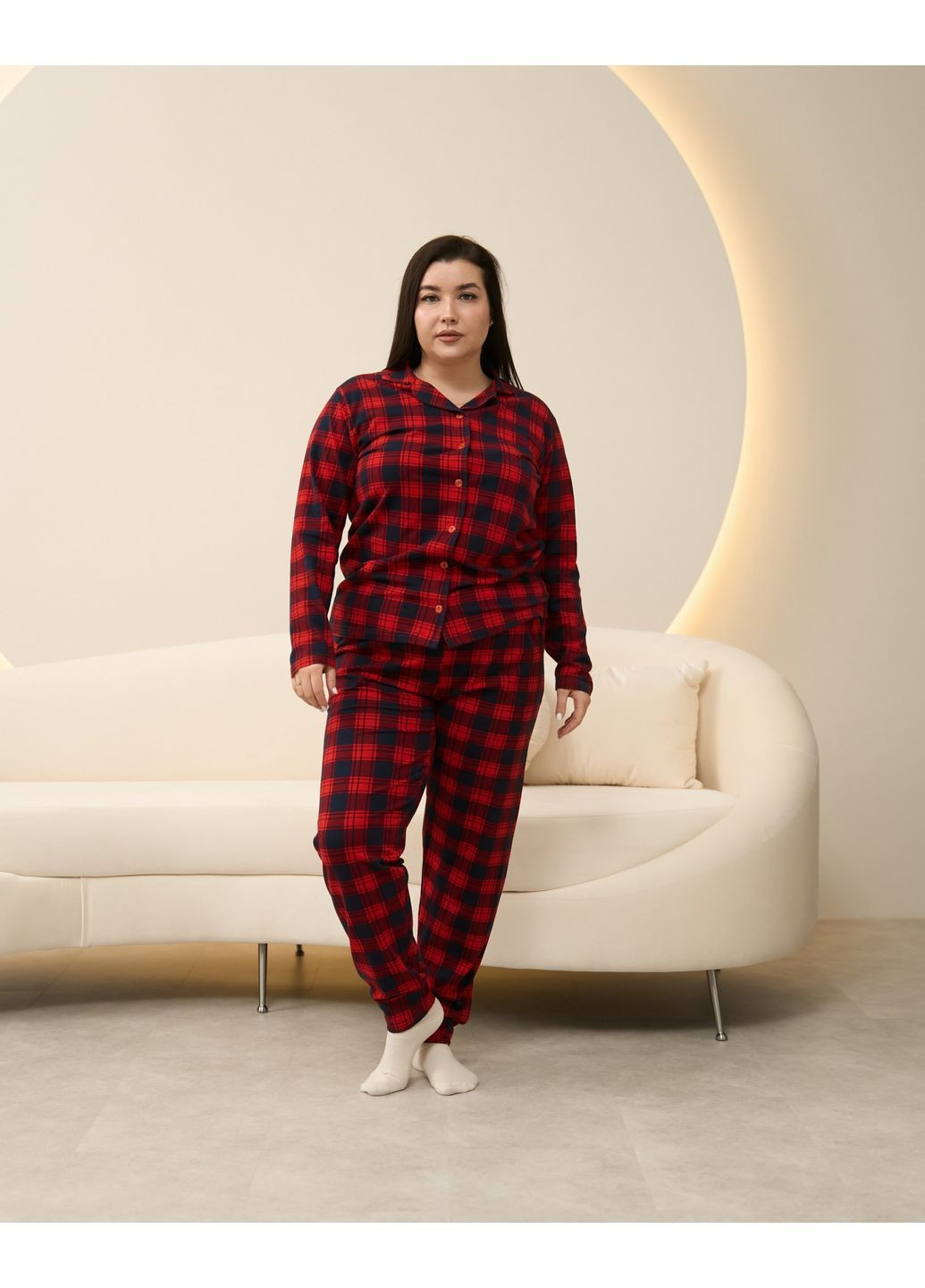 Красная всесезон женская хлопковая пижама пижамы батал для женщин в клетку, больших размеров рубашка + брюки Nicoletta Піжама жінкам