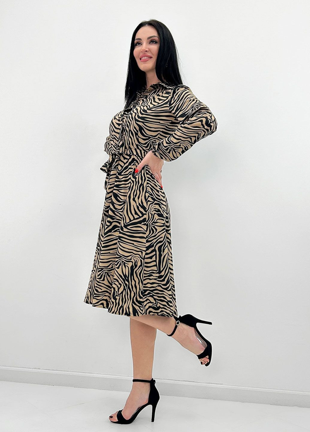 Песочное повседневный, кэжуал платье миди Fashion Girl зебра
