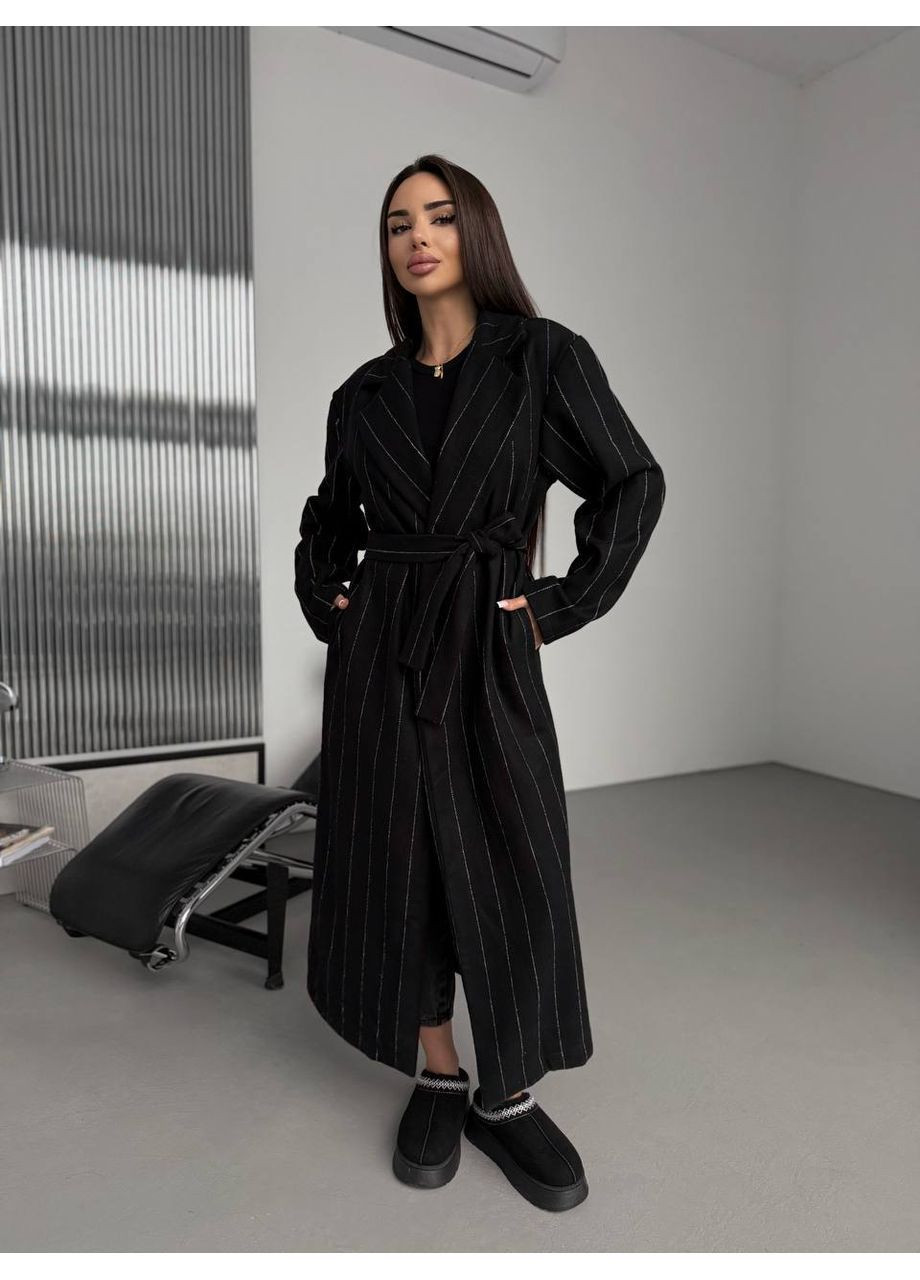 Чорне демісезонне Жіноче кашемірове пальто в смужку на запах MonCher