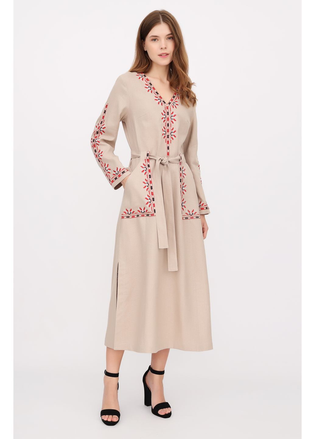 Бежева довга жіноча сукня з льону під пояс з квітковою вишивкою та довгим рукавом людмила., р., код 0480/42/331 ГАЛЕРЕЯ ЛЬОНУ